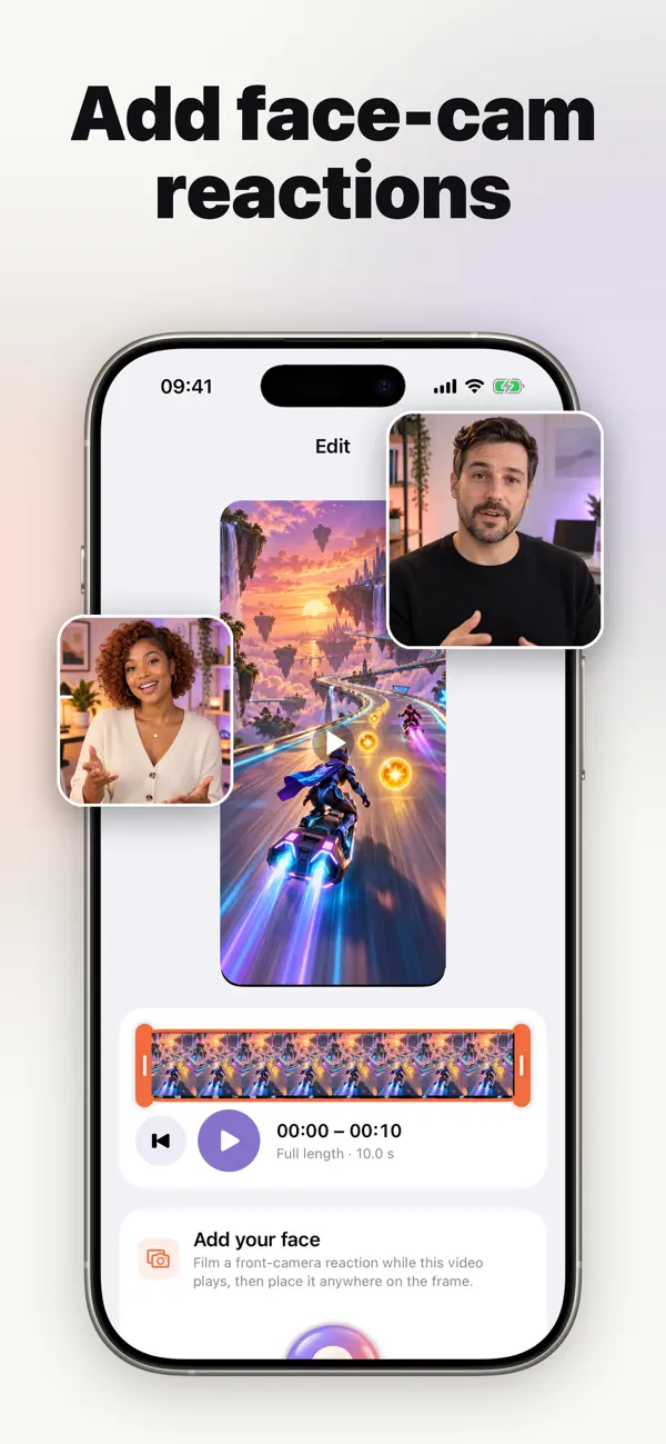 FrameSaid facecam reaction editor, showing a gameplay recording and front-camera reaction