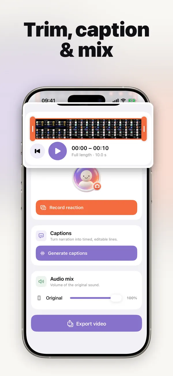 FrameSaid editor with trim timeline, captions and reaction tools