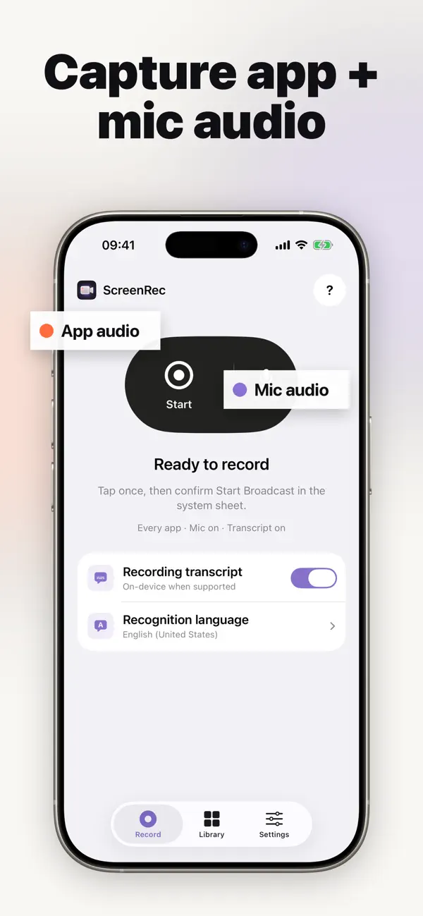 FrameSaid recording interface with app audio and microphone audio