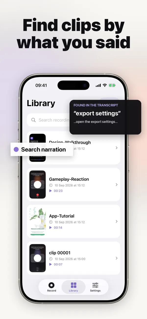 FrameSaid library with narration search and a matching transcript